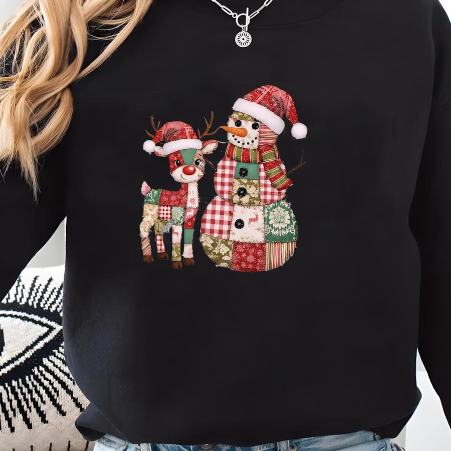 Patchwork Reindeer Snowman Shirt: Rustic Christmas Graphic Tee Sweatshirt