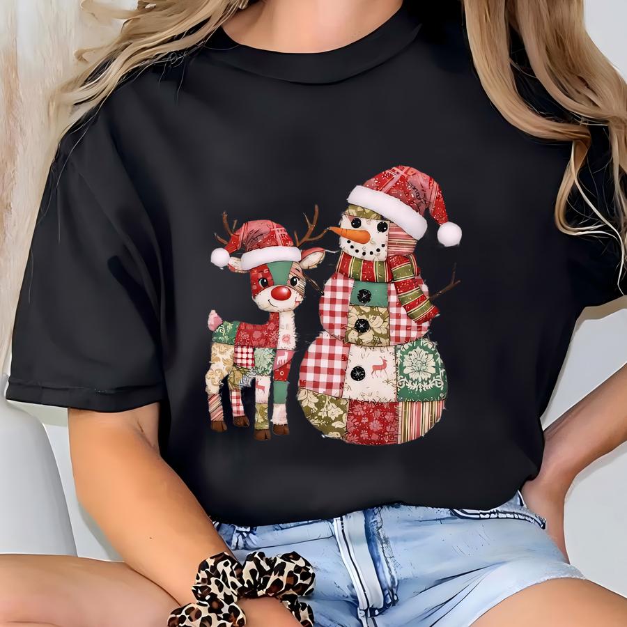Patchwork Reindeer Snowman Shirt: Rustic Christmas Graphic Tee T-shirt