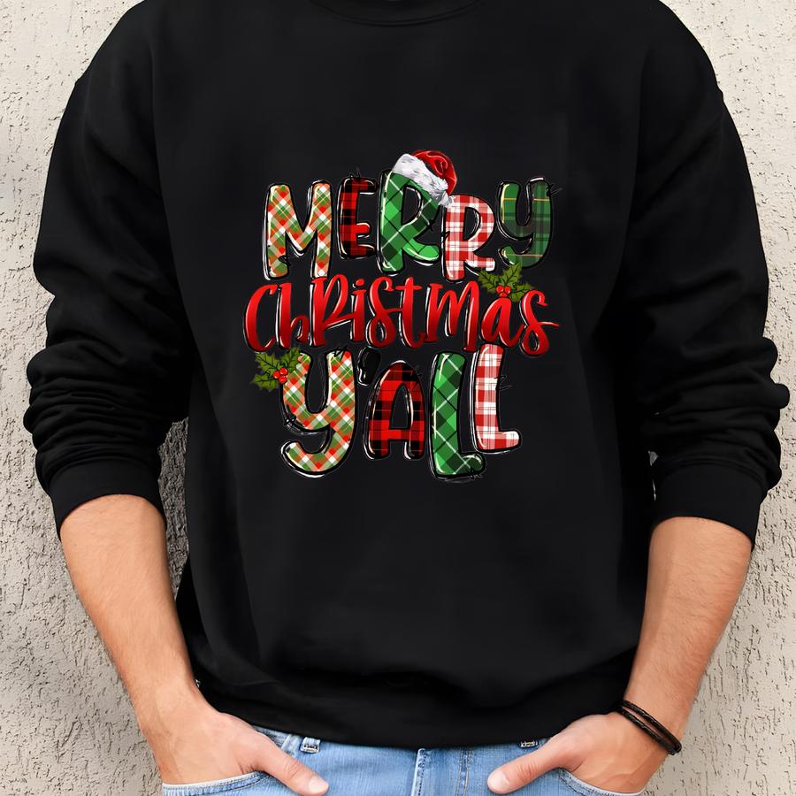 Merry Christmas Y'all T-shirt: Plaid Santa Hat Holiday Festive Tee Shirt Sweatshirt