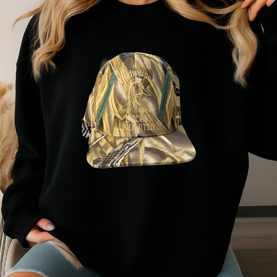 Vintage 90's Budweiser Ducks Unlimited Brown Camo Camouflage Hat Cap Sweatshirt