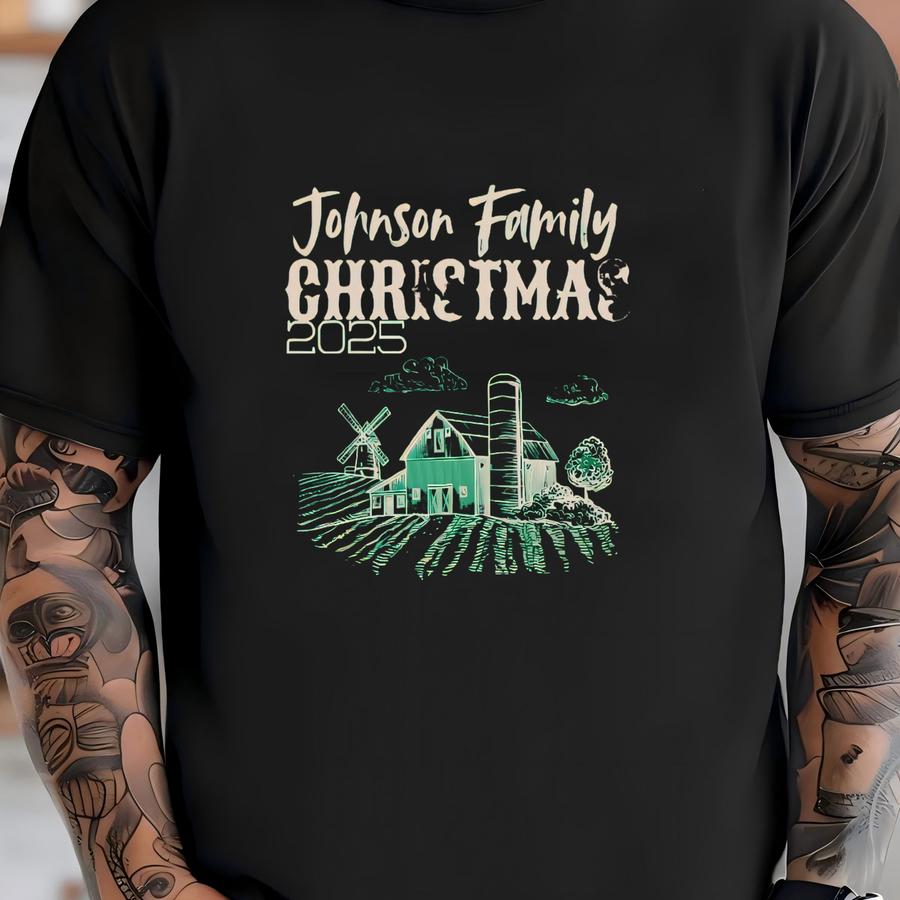Custom Matching Farm Family Christmas Shirts For 2025: Personalized Ranch Christmas Crew Shirts With Barn Scene For Family Holiday Party T-shirt