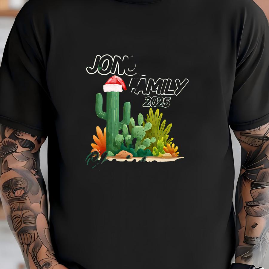 Custom Matching Cactus Santa Family Christmas Shirts For 2025: Personalized Desert Christmas Crew Shirts For Family Holiday Party T-shirt