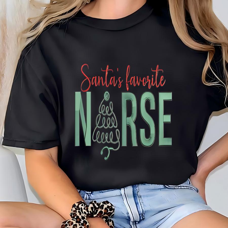 Personalized Santa's Favorite Nurse Sweatshirt, Custom Nurse Name Christmas Hoodie, Holiday Medical Shirt, Nursing Xmas Tee T-shirt
