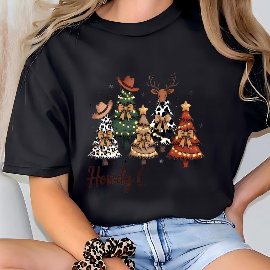 Western Howdy Christmas Tree Sweatshirt, Leopard Christmas Tree Sweatshirt, Christmas Graphic Tee, Holiday Sweatshirt, Winter Sweatshirt T-shirt