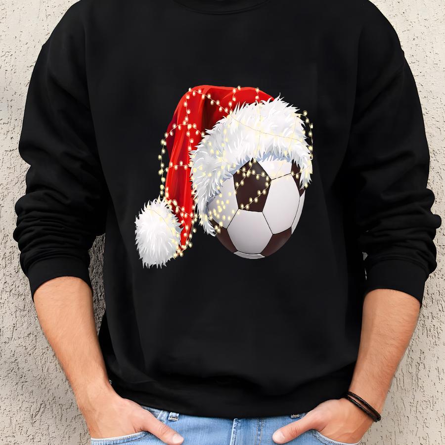 Soccer Santa Hat Christmas Tshirt Xmas Lights Tee Soccer Fan Christmas Shirt, Soccer Team Festive Party Shirts, Soccer Lover Sport Theme Tee Sweatshirt