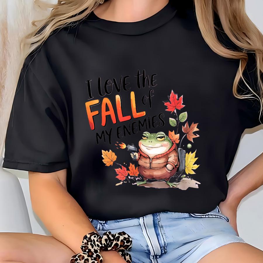 Funny Fall Shirt – I Love The Fall Of My Enemies Tee, Cozy Frog In Sweater Meme Hoodie, Retro Autumn Graphic Tee Unisex Gift T-shirt