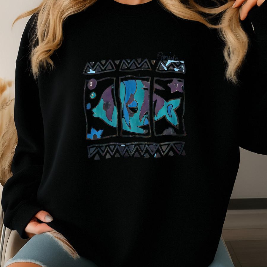 Women's Vintage 90's Florida Tropical Fish Dyed Blue Crop Top Tee Shirt Sz Large Sweatshirt