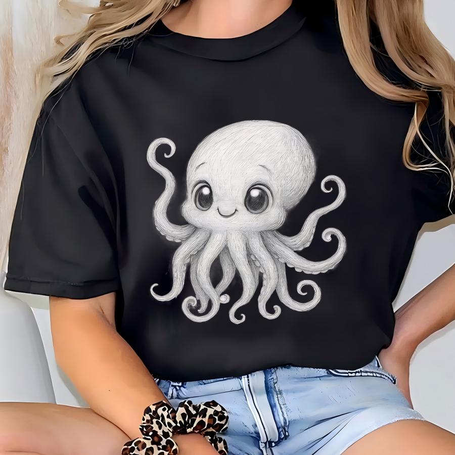 Cute Kraken Canvas Wall Art | Adorable Sea Monster Cryptid Decor | Nursery Or Kids Room Artwork T-shirt