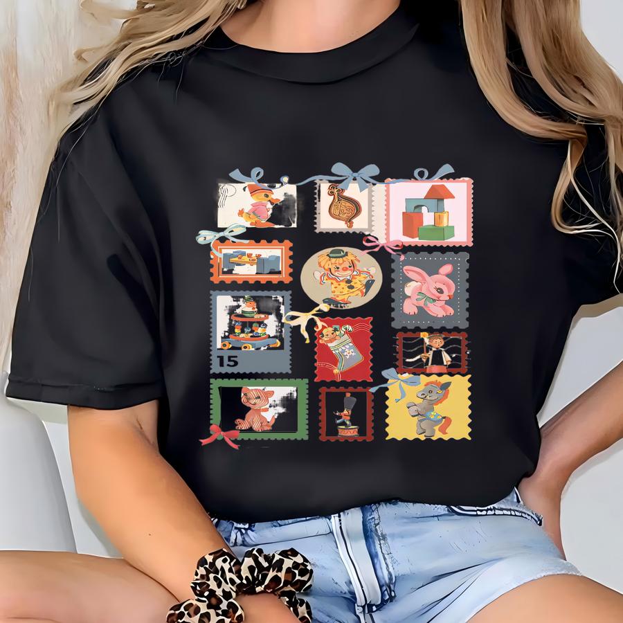 1950's Vintage Toys Postage Stamp Retro Christmas Shirt, Santa Claus T, Christmas Stamps Shirt, Christmas Tree Shirt, Merry Christmas Shirt T-shirt
