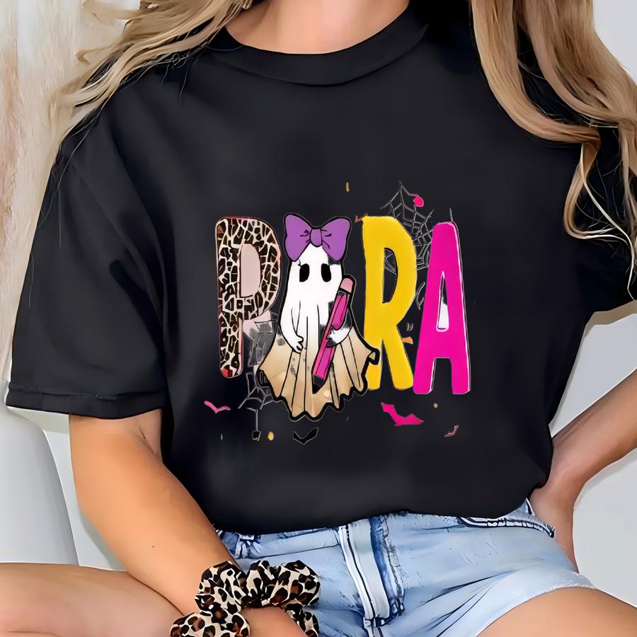 Personalized Halloween School Shirt, Leopard Design Coquette Ghost Teach Sweatshirt, Spooky Teacher Tshirt, Para Sped Counselor Hoodie T-shirt