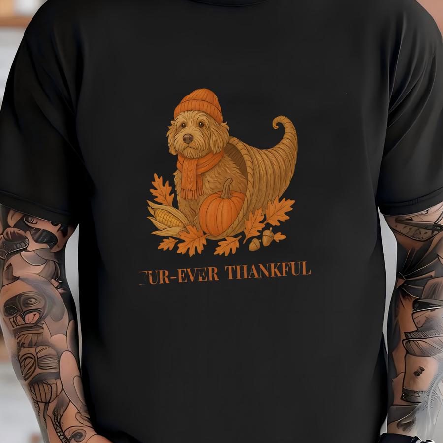 Dog Lover Sweatshirt, Thanksgiving Crewneck, Fur-ever Thankful, Cute Fall Golden Doodle Jumper, Unisex, Cornucopia Design, Autumn Apparel T-shirt