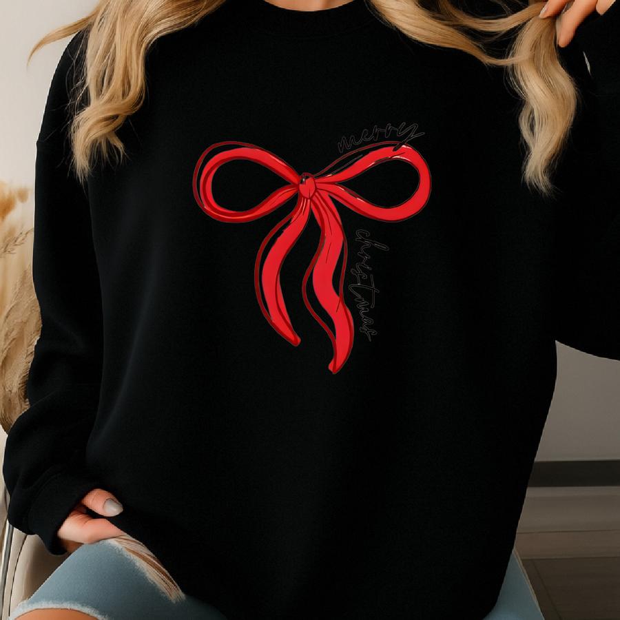 Red Bow Christmas Shirt, Holiday Gift Bow Tee, Cute Xmas Ribbon Top, Festive Holiday Party Outfit, Matching Family Christmas Sweatshirt Sweatshirt