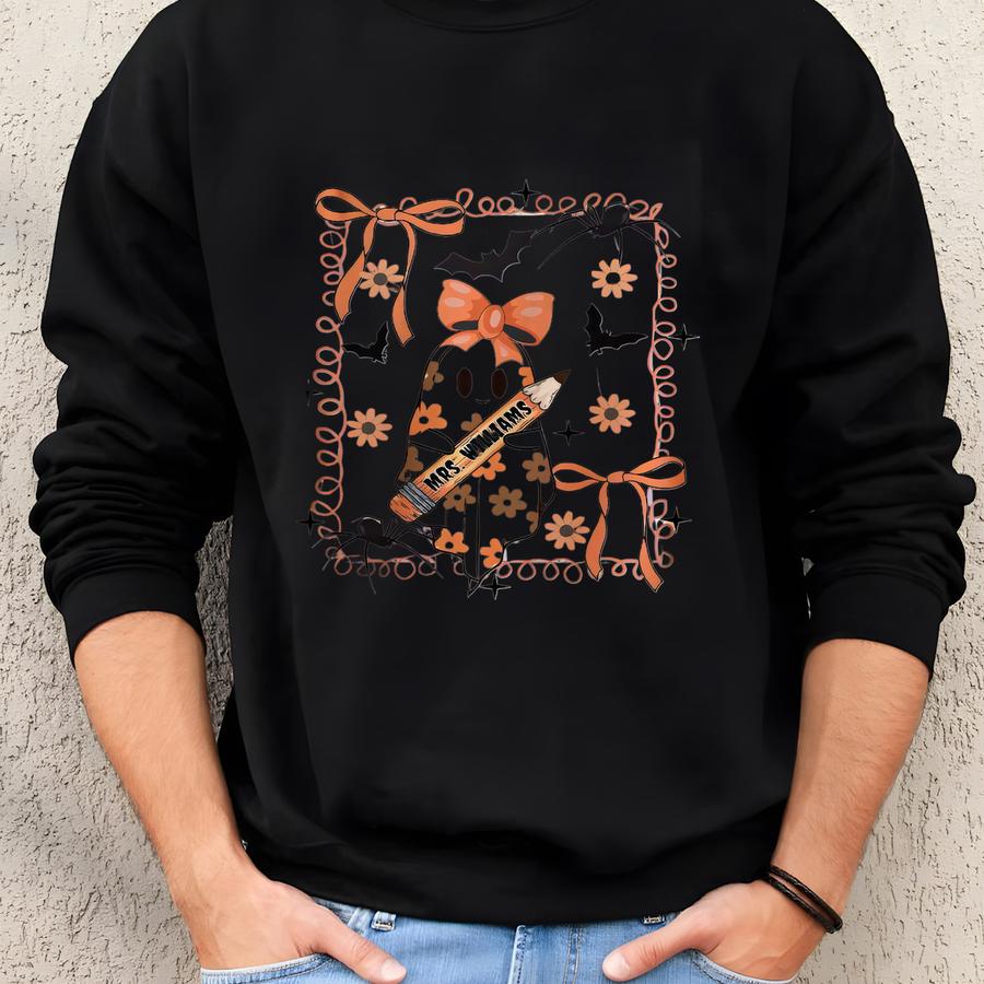 ® Coquette Ghost Teacher Shirt, Personalized Name Pencil, Bow Bats Classroom Tee, Floral Halloween Teacher Gift Sweatshirt