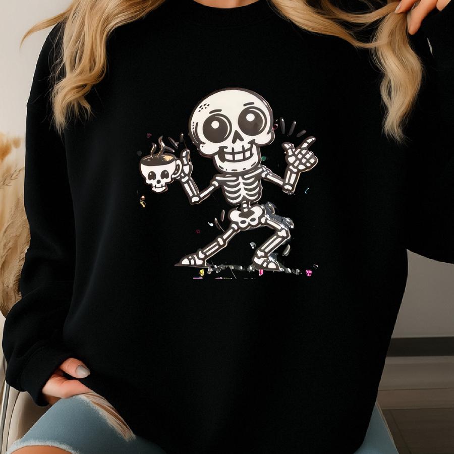 Glitter Motel Keychain: Halloween Skeleton With Coffee, Staying Alive, Off-white Charm Sweatshirt
