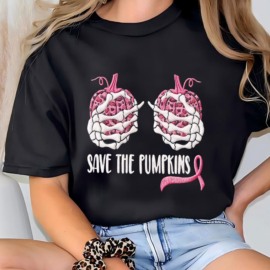 Save The Pumpkins Sweatshirt, Skeleton Breast Cancer Awareness Shirt, Pink Ribbon Tee, Breast Cancer Halloween Apparel T-shirt