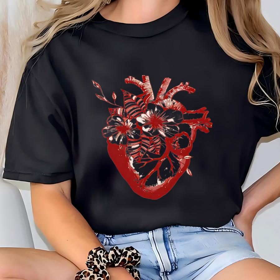 Floral Heart Shirt Heart Disease Awareness Month Tshirt Open Heart Surgery Recovery Gift For Women Men 100 % Cotton Hoodie T-shirt