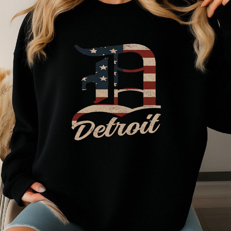 Detroit Michigan Shirt Vintage Detroit Pride Tshirt D-town Patriotic American Flag Gift For Men Women 100 % Cotton Unisex T-shirt Sweatshirt