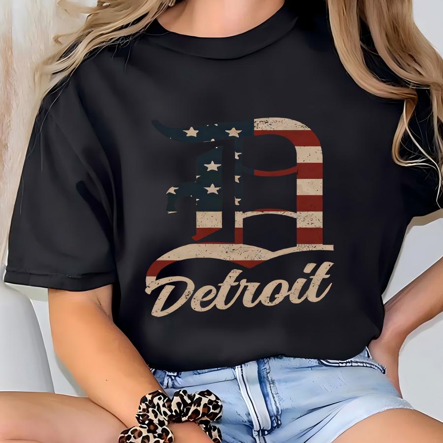Detroit Michigan Shirt Vintage Detroit Pride Tshirt D-town Patriotic American Flag Gift For Men Women 100 % Cotton Unisex Hoodie T-shirt