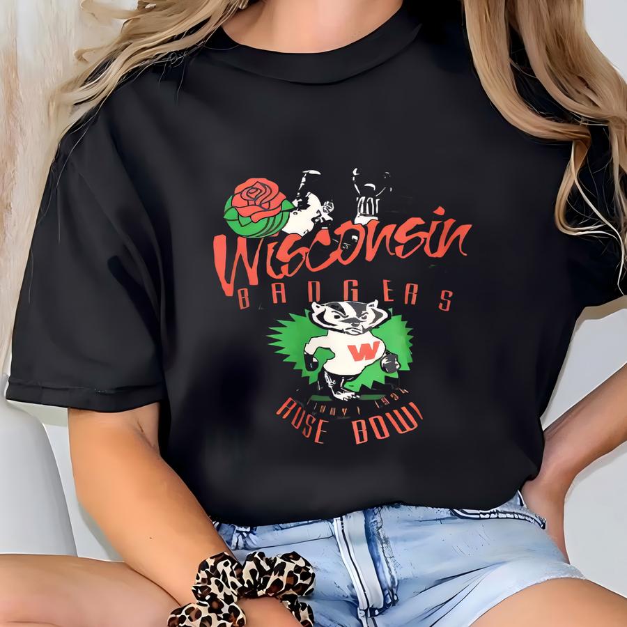 Vintage University Sweatshirt Large Bucky Badgers Rose Bowl 94 Printed Sweater Badger Football Pullover Size L T-shirt