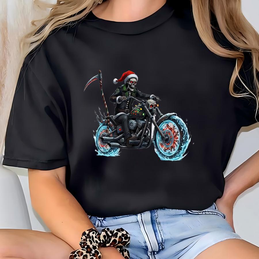 Ride Into Winter Sweatshirt, Gothic Biker Christmas Crewneck, Skeleton Rider Holiday Top Gift T-shirt