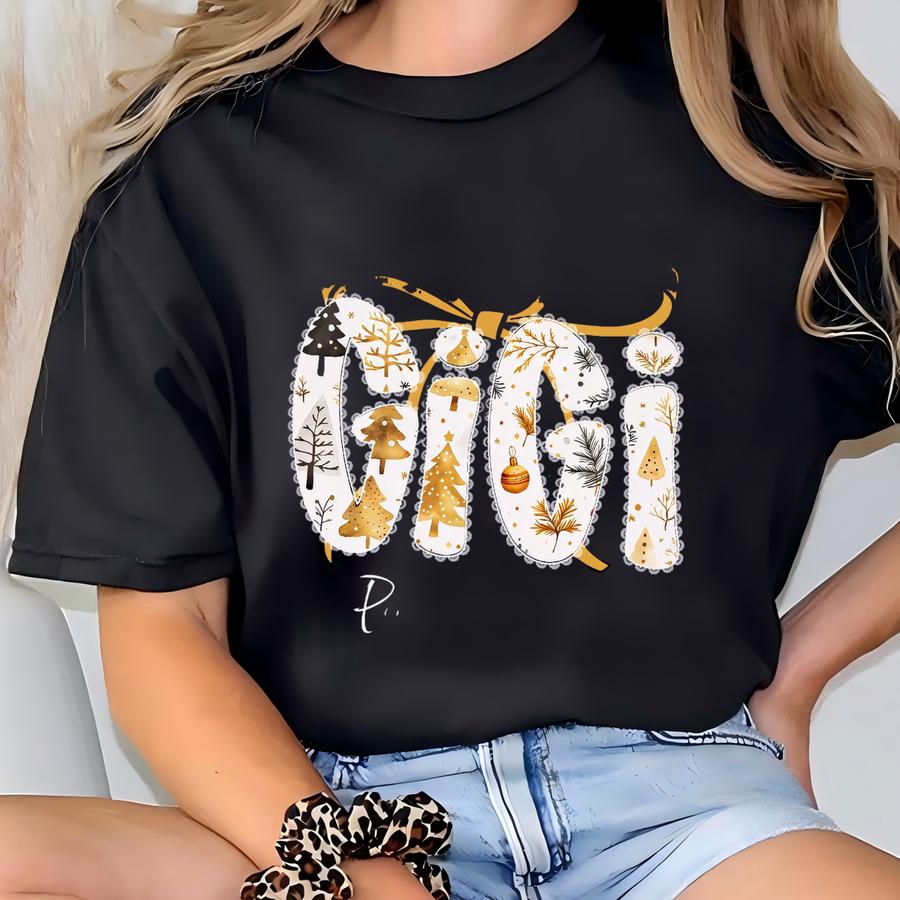 Christmas Gigi Sweatshirt With Grandkids Names, Gigi Gift From Grandchildren, New Grandma Gift, Xmas Gift For Gig, Yellow Gold Black Xmas T-shirt