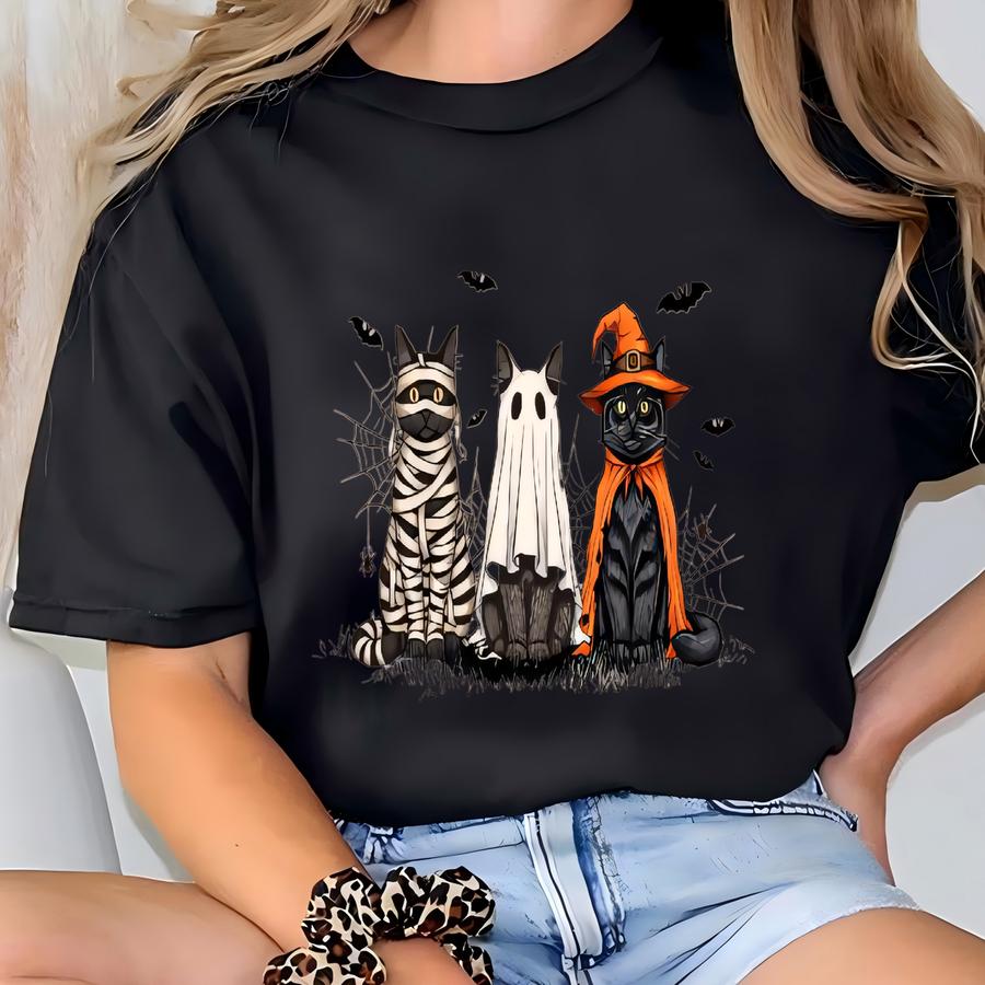 Three Cats Halloween Hoodie: Spooky Season Bella Canvas Tee T-shirt