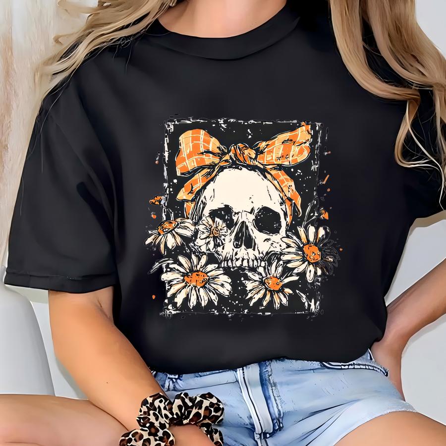 Vintage Skull Halloween Shirt: Floral Daisy Bow Tee T-shirt