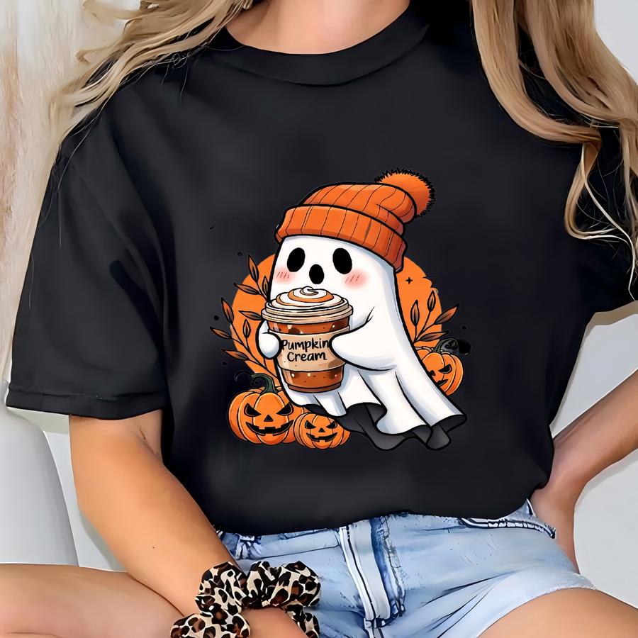 Cozy Halloween Ghost Tee: Pumpkin Spice Latte Black Cat Shirt T-shirt
