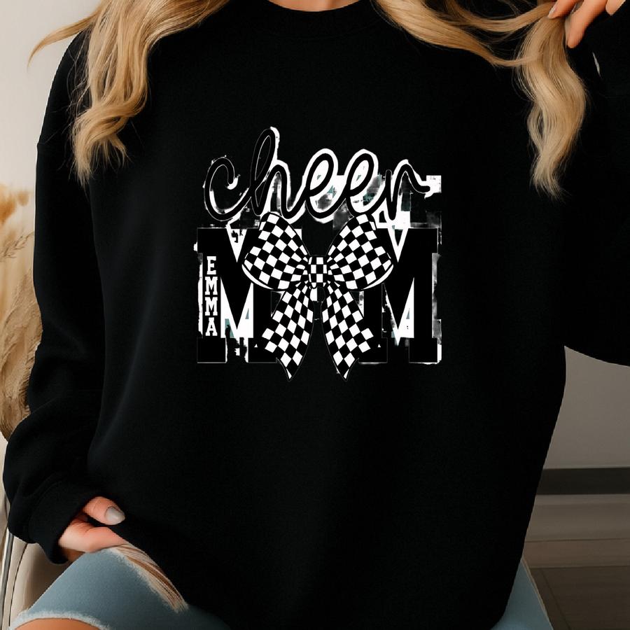 Checkered Coquette Cheer Mom Sweatshirt: Compeon Day Cheerleading Mama Pullover With Custom Name For Cheer Nana Sweatshirt