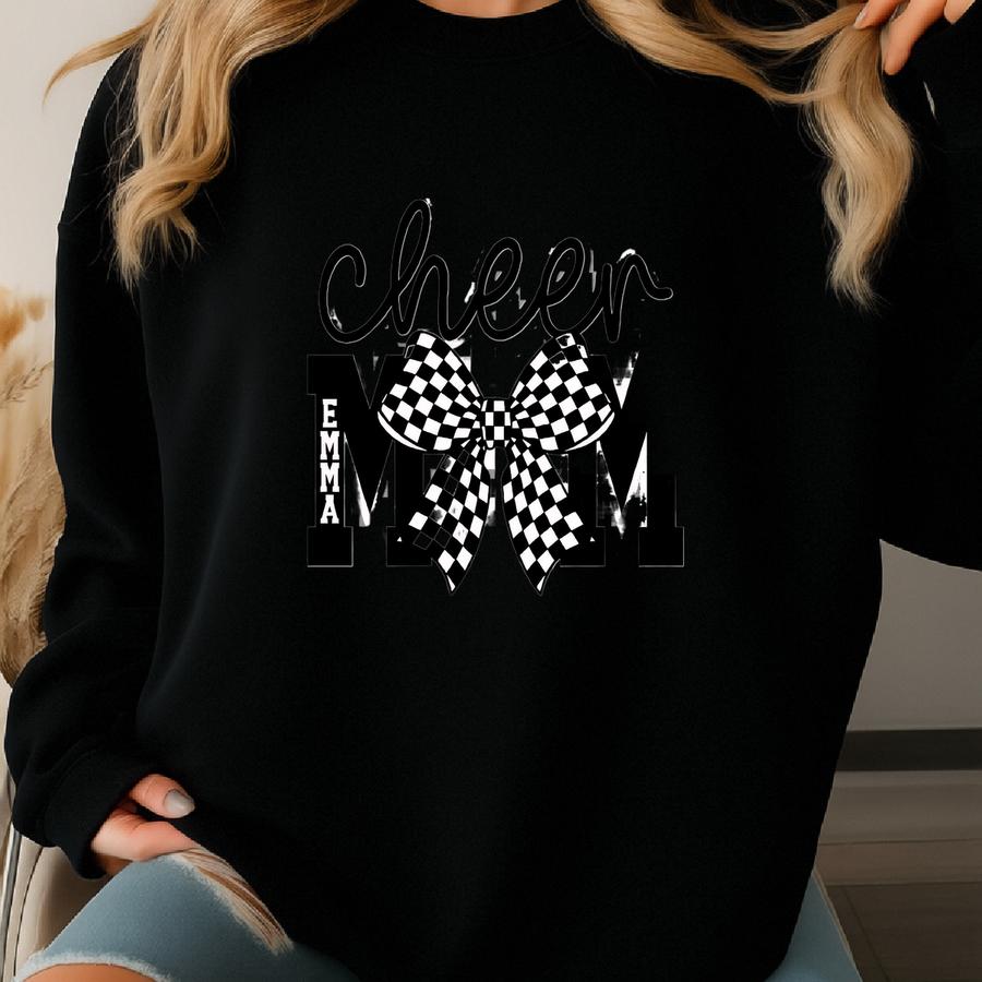 Checkered Coquette Cheer Mom Sweatshirt: Compeon Day Cheerleading Mama Pullover With Custom Name For Cheer Nana Sweatshirt