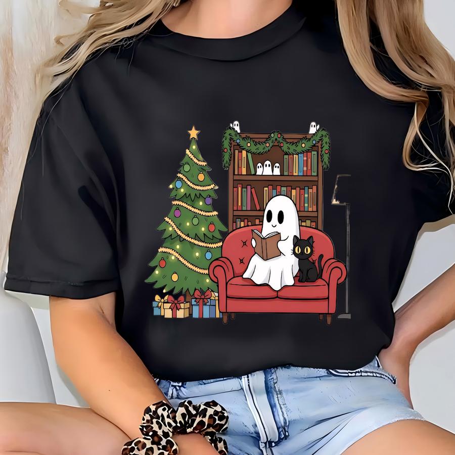Cute Ghost Reading Christmas Shirt, Christmas Ghost Book Shirt, Funny Book Lovers Gift, Librarian Holiday Sweater, Bookworm Christmas Shirt T-shirt