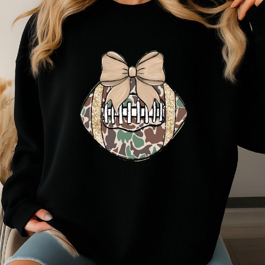 Camo Bow Football Sweatshirt Or Hoodie | Game Day Glam Tee | Girly Fall Sports Top With Faux Glitter Look Sweatshirt