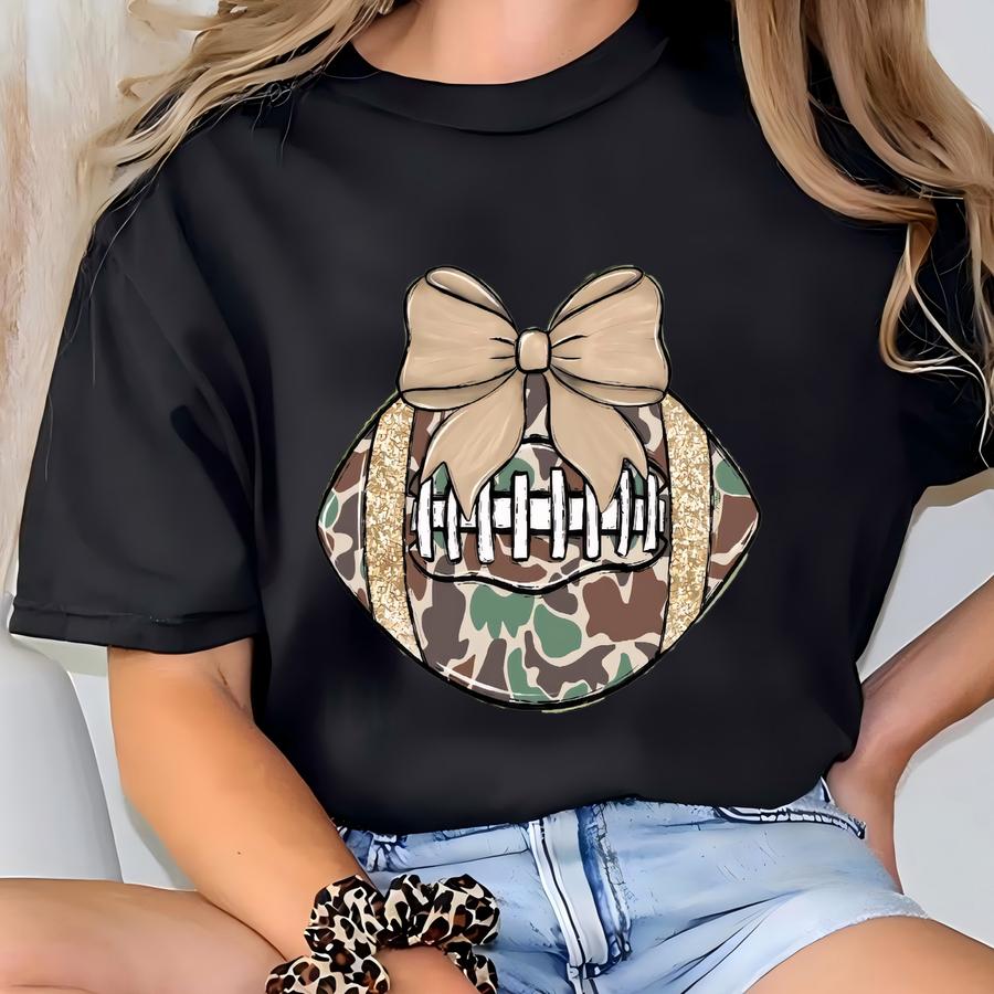 Camo Bow Football Sweatshirt Or Hoodie | Game Day Glam Tee | Girly Fall Sports Top With Faux Glitter Look T-shirt