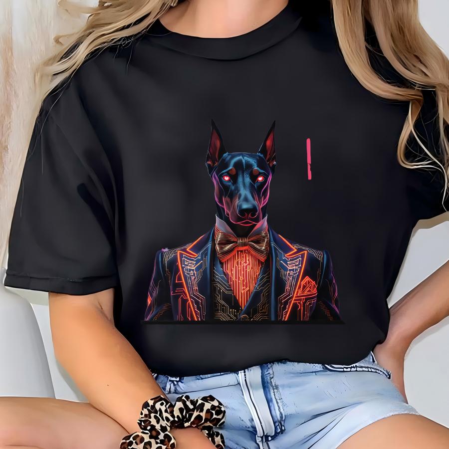 Cyberpunk Doberman Digital Download: Neon Lights, Futuristic Design, Unique Wall Decor T-shirt