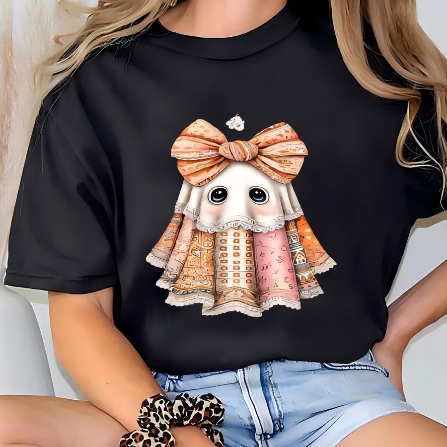 Cute Ghost With Bow Patchwork Dress | Spooky Season Tee | Cute Autumn Ghost Graphic On Hoodie T-shirt