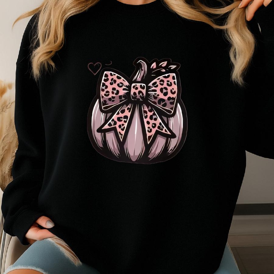 Coquette Pumpkin Sweatshirt | Leopard Bow Pumpkin Shirt | Pink Fall Aesthetic Tee | Cute Halloween Shirt | Spooky Season Crewneck Sweatshirt