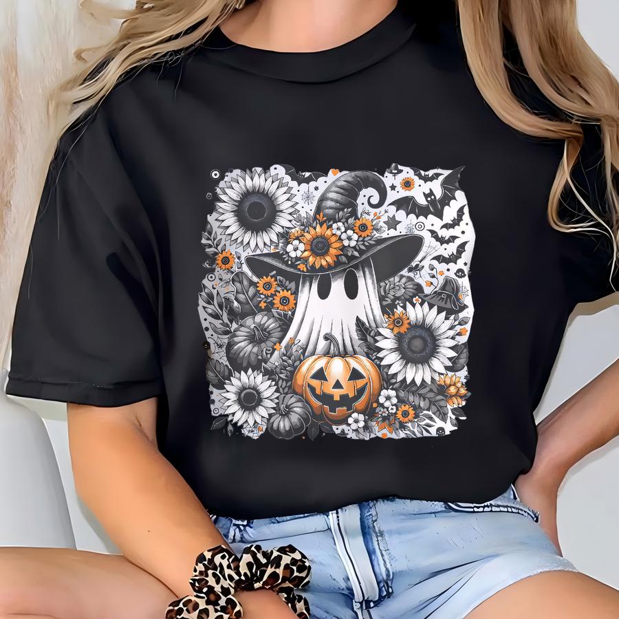 Boho Ghost Halloween Sweatshirt: Women's Floral Pumpkin Jumper T-shirt