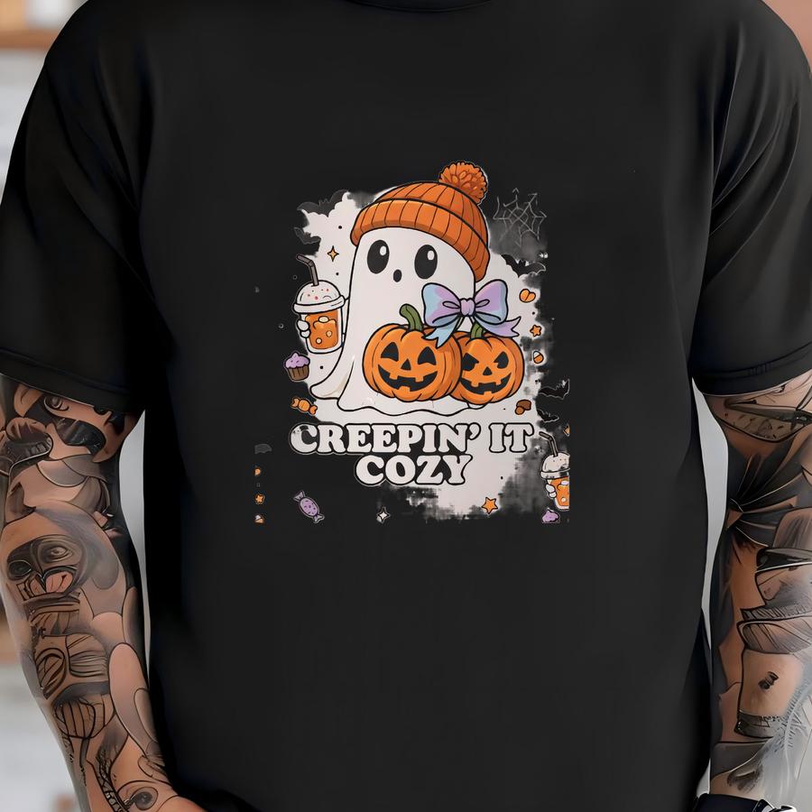 Ghost And Pumpkin Halloween Tee: Spooky Cotton Canvas Shopper T-shirt
