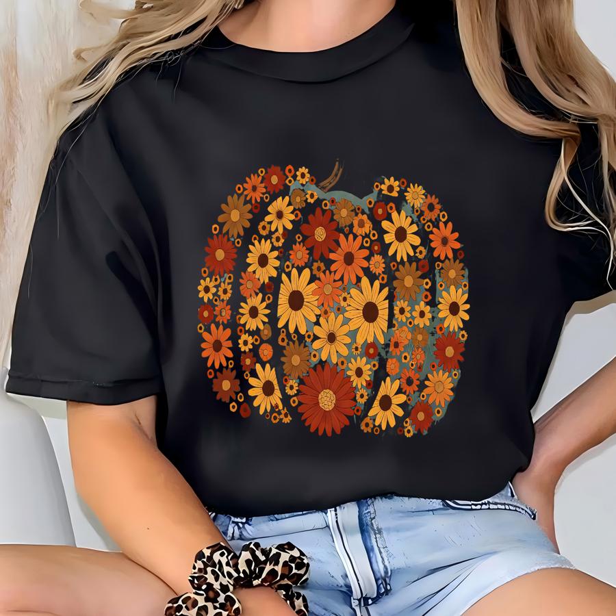 Flowers Pumpkin Hoodie, Pumpkin Shirt, Fall Vibes Shirt, Florist Shirt, Boho Shirt, Women Shirt, Spooky Season Shirt T-shirt