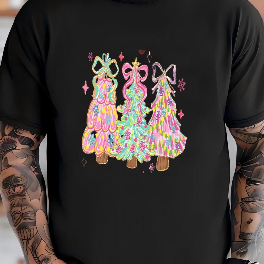 Pink Christmas Tree Shirt, ® Preppy Holiday Tee, Festive Christmas Bow Tshirt, Cute Holiday Party Gift, Merry And Bright Tee T-shirt