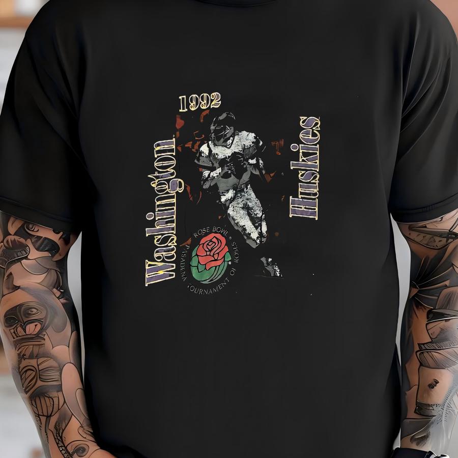 Men's Vintage 90's 1992 Washington Huskies Football Rose Bowl Black T Shirt Sz L T-shirt