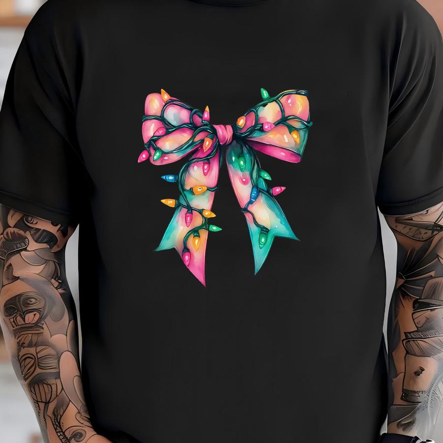 Christmas Light Bow , Women's Holiday Shirt, Long Sve And Sweatshirt, Christmas Bow Shirt, Gift For Christmas T-shirt