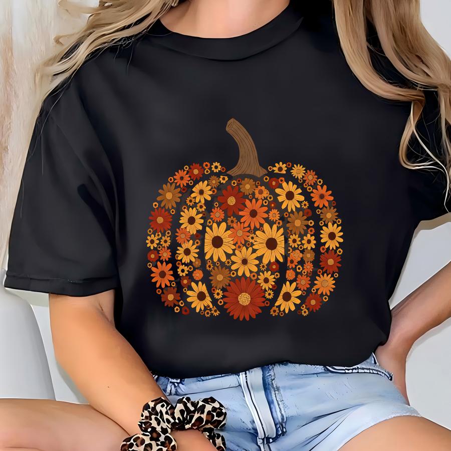 Flowers Pumpkin Hoodie, Pumpkin Shirt, Fall Vibes Shirt, Florist Shirt, Boho Shirt, Women Shirt, Spooky Season Shirt T-shirt