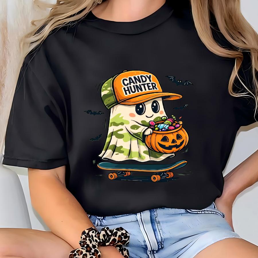 Camo Ghost Halloween Sweatshirt, Candy Hunter Hoodie, Camouflage Pumpkin Crewneck, Spooky Fall Pullover T-shirt