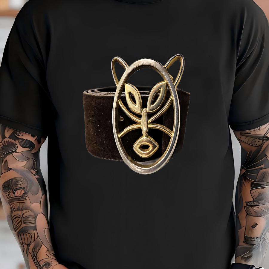 1960s Cat Buckle Belt – Modernist Goldtone Silvertone On Brown Suede, 26–32” T-shirt