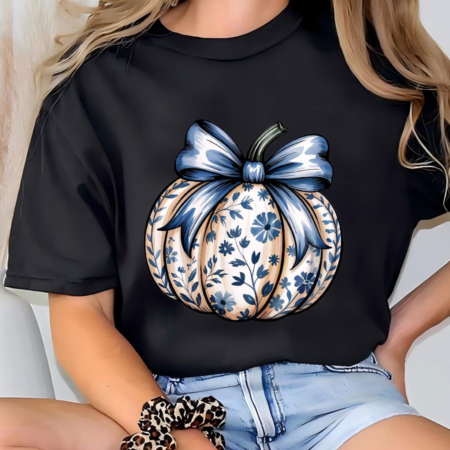 Pumpkin With Bow Tee,fall Pumpkin Shirt,blue Bow Shirt,coquette Bow Shirt,cute Fall Shirt,fall Season Shirt,cute Autumn Shirt T-shirt