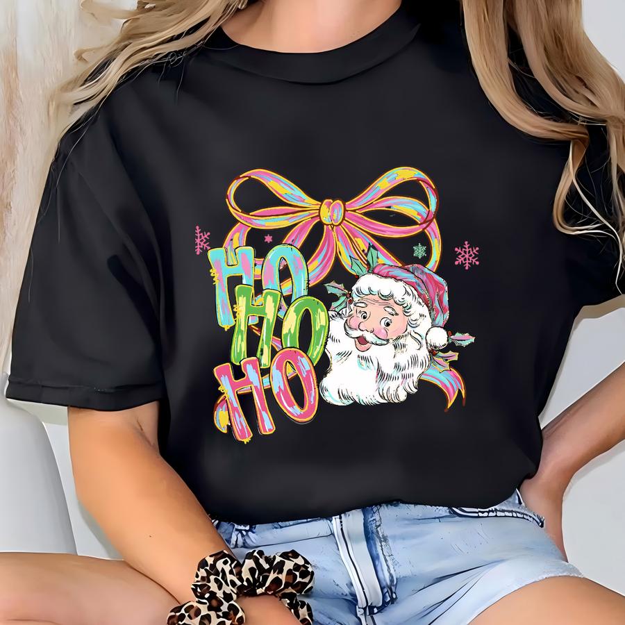 ® Ho Ho Ho Christmas Shirt, Santa Claus Shirt, Coquette Christmas Tee, Woman Christmas Gift, Cute Santa Shirt, Christmas Bow T-shirt