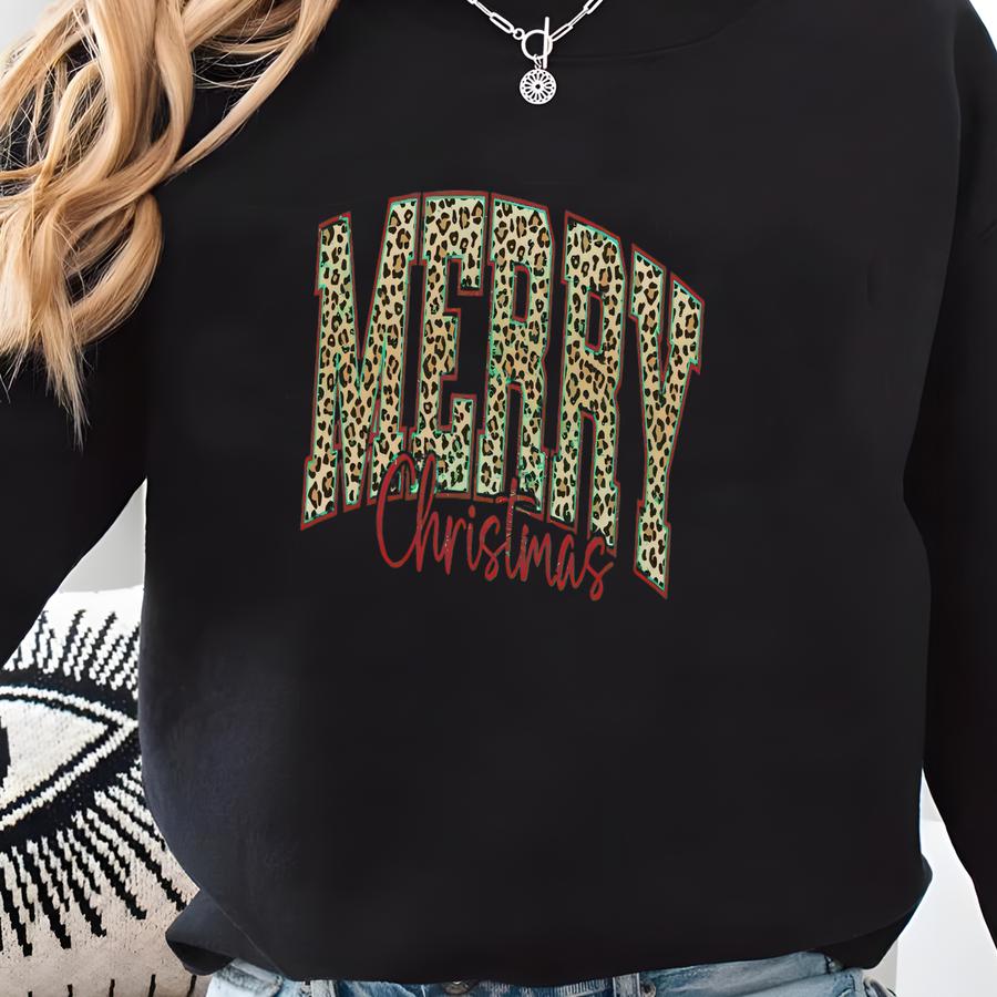 Merry Christmas Leopard Distressed Pattern Sweatshirt | Cute Holiday Crewneck | Leopard Christmas Pullover | Festive Winter Outfit Sweatshirt