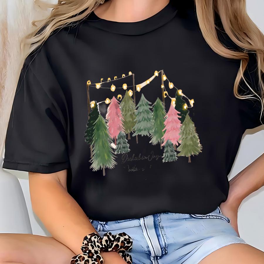 Decked In Joy Christmas Sweatshirt, Watercolor Christmas Tree Shirt, Christmas Lights Shirt, Christmas Sweatshirt, Family Christmas Shirt T-shirt