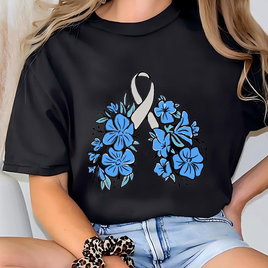 Lung Cancer Tshirt, Floral Lung Cancer Awareness Shirt, White Ribbon Lung Cancer Shirt,lung Cancer Support Gift,lung Cancer Warrior Tee T-shirt